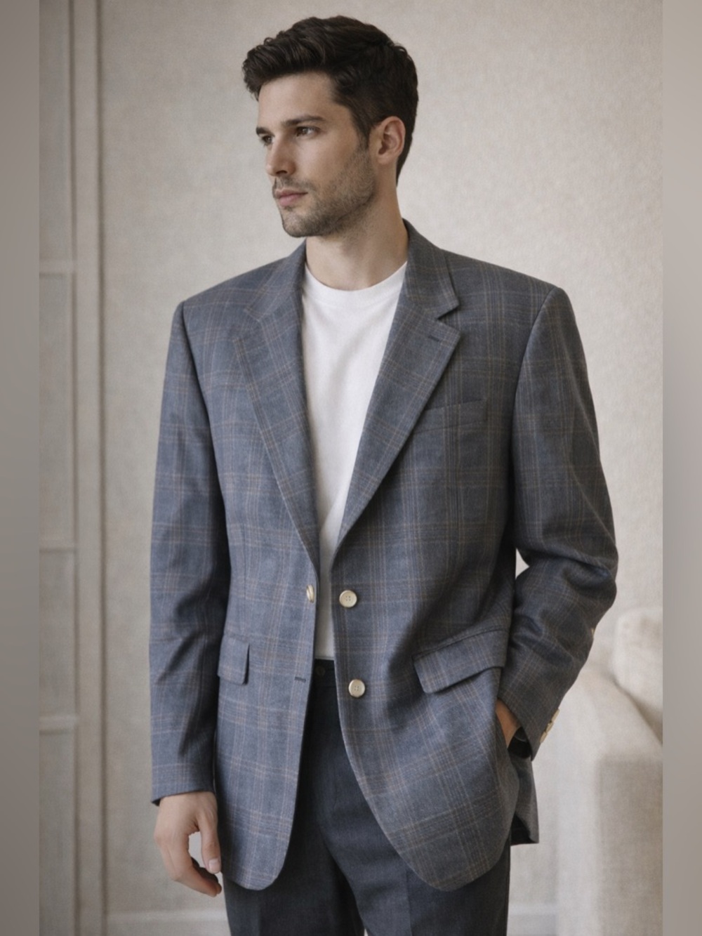 Vintage 346 Brooks Brothers Plaid Blazer Gray Wool Tailored Jacket Size 34